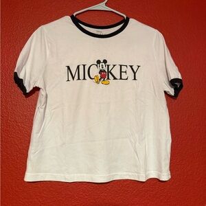 Disney White Ringer Crop Tee with Black Trim and Mickey Graphic